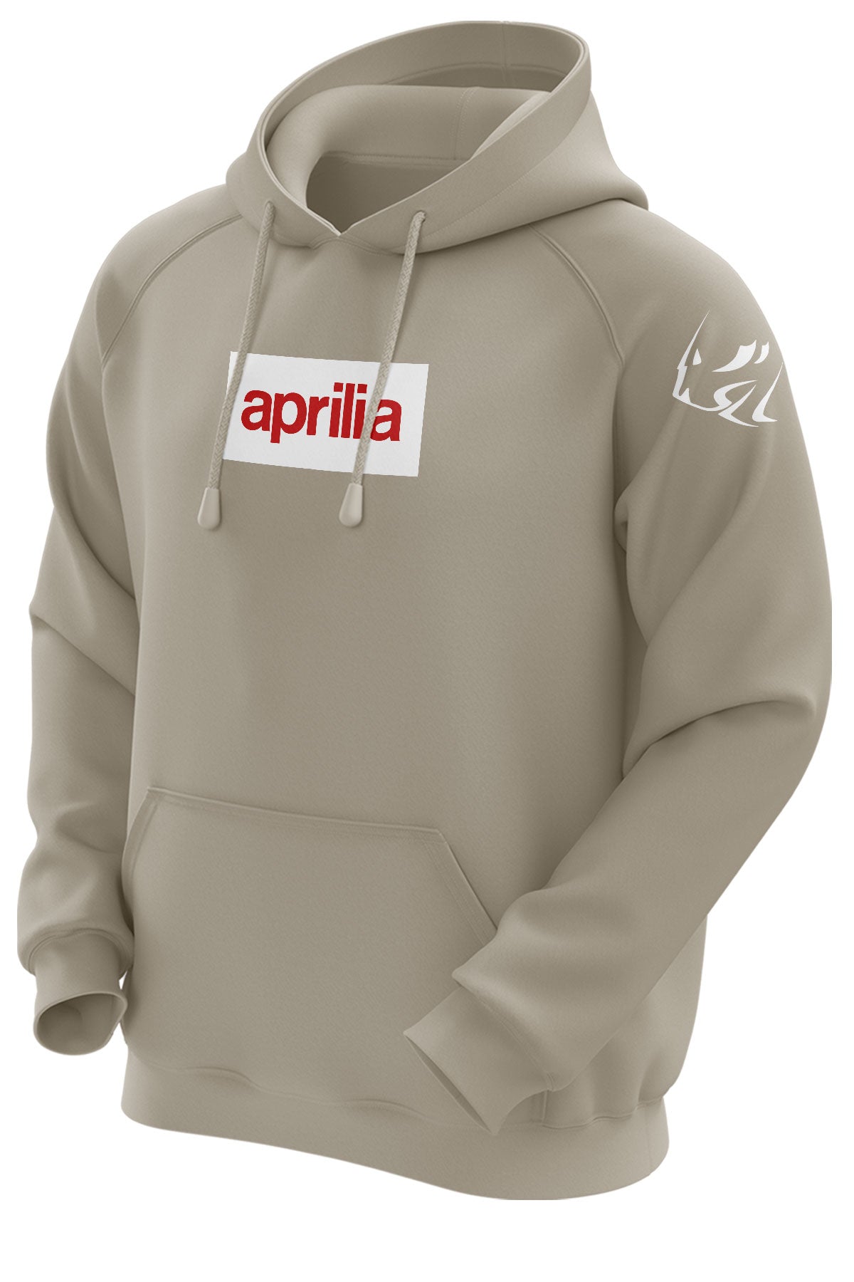 A beige-colored, hooded sweatshirt with the 'aprilia' logo on the front and a smaller 'aprilia' logo on the shoulder, displayed on a mannequin.