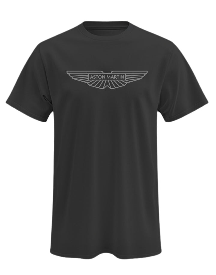 A black Aston Martin branded t-shirt with a V-neck collar and short sleeves.
