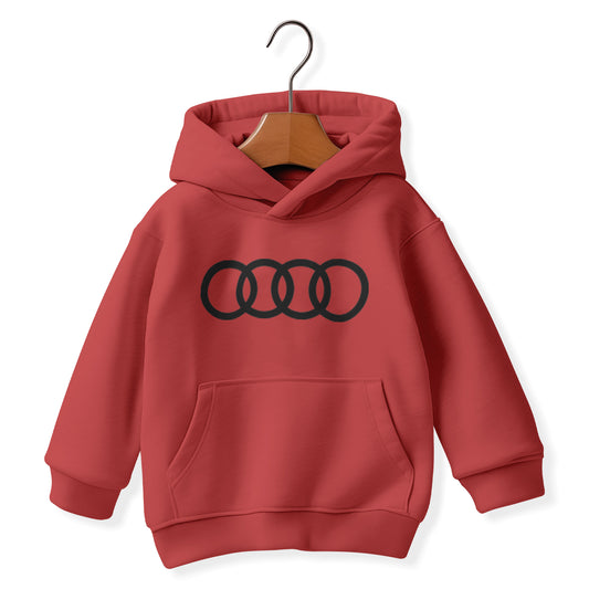 A red hooded sweatshirt with a black Audi logo on the front.