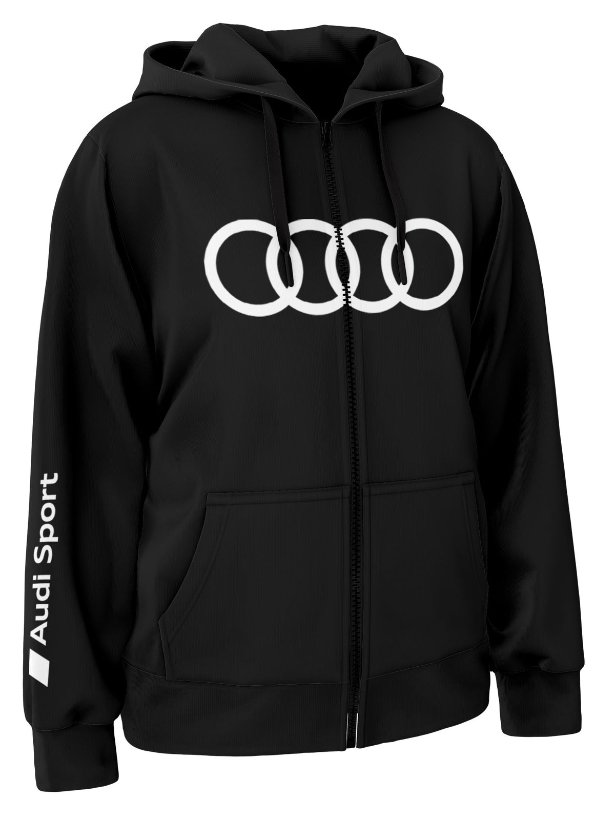 Black hooded zip-up sweatshirt with the Audi logo in white on the front.