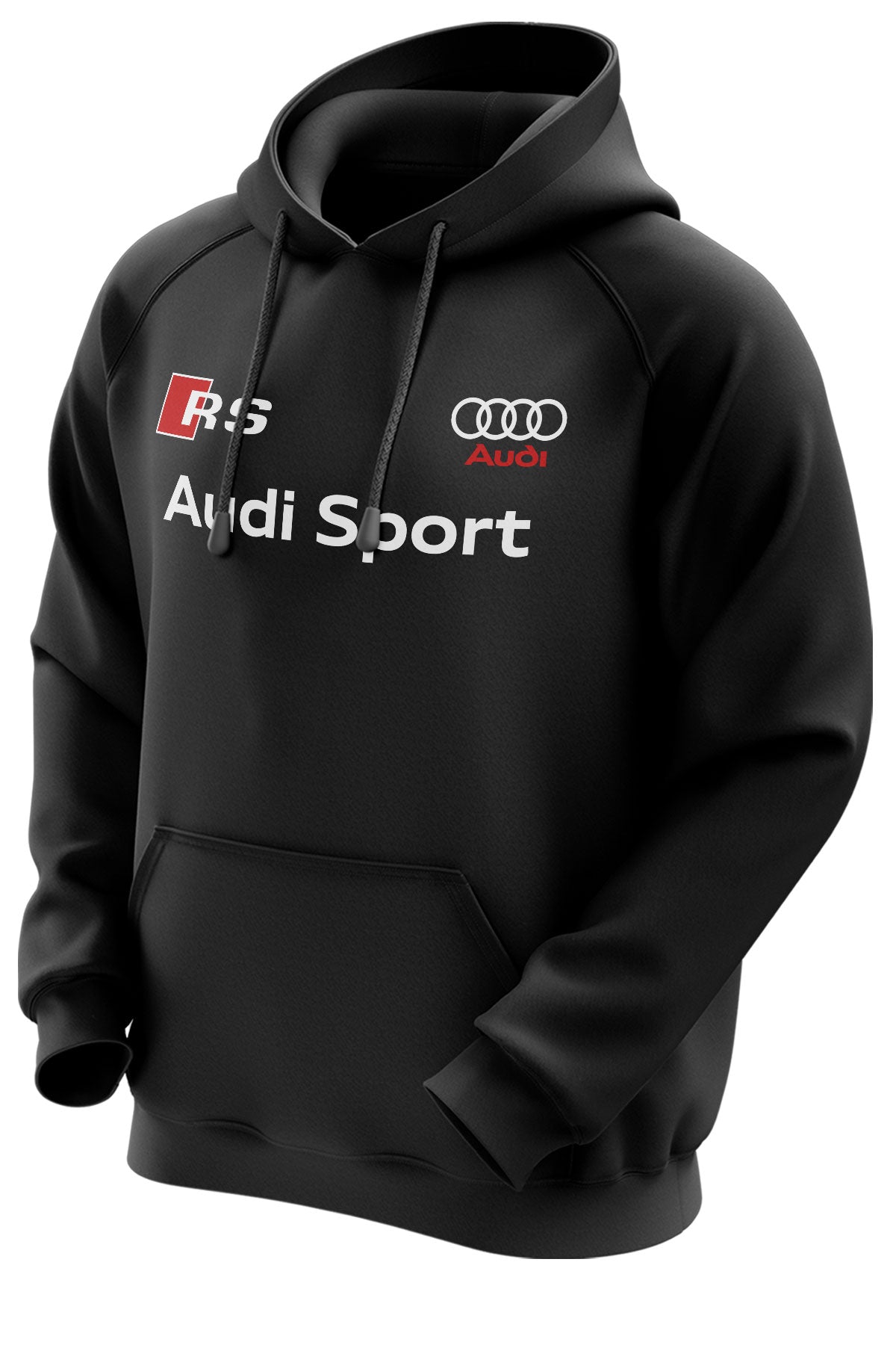 A black hooded sweatshirt with Audi Sport branding and an Audi logo on the front.