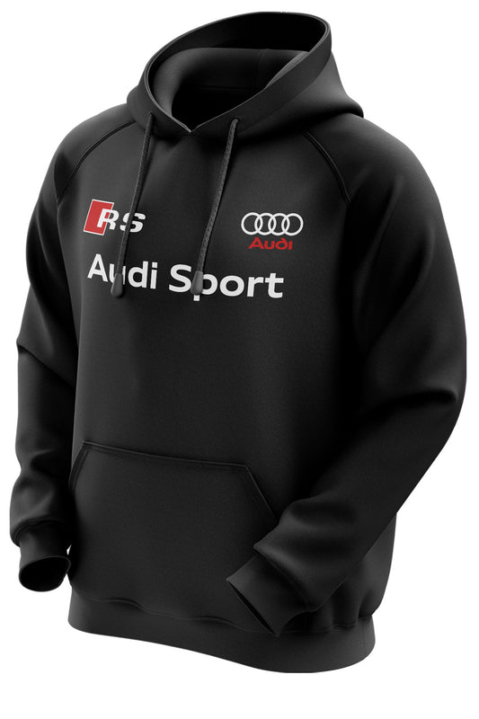 A black hooded sweatshirt with Audi Sport branding and an Audi logo on the front.