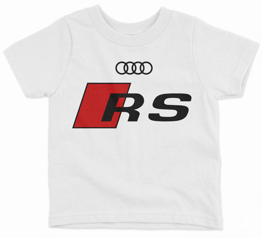 A white short-sleeved kids' t-shirt with the Audi RS logo in red and black color on the front.