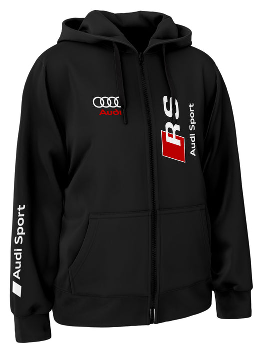 Black hooded sweatshirt with Audi RS logo and 'SPORT' text on the front and sleeves