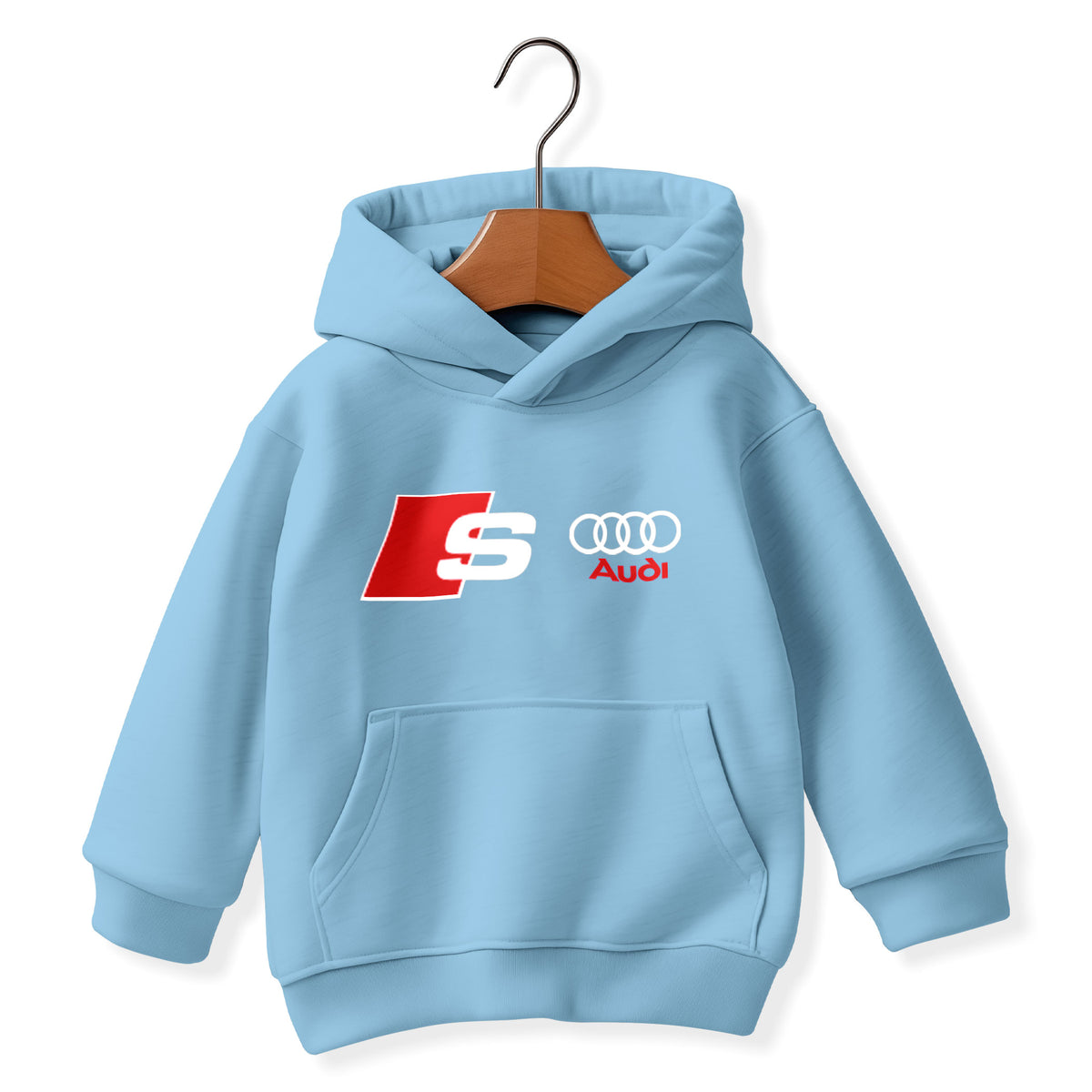 A blue hooded sweatshirt with an Audi logo on the front.