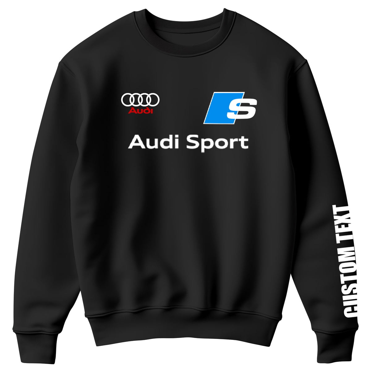 Black crewneck sweatshirt with Audi Sport logo and custom text on the sleeve.