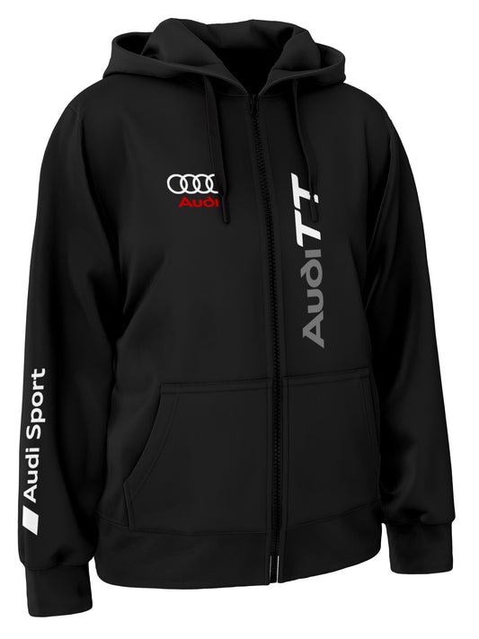 A black hooded sweatshirt with the Audi TT logo and the text 'audisport.com' printed on the front and sleeves.