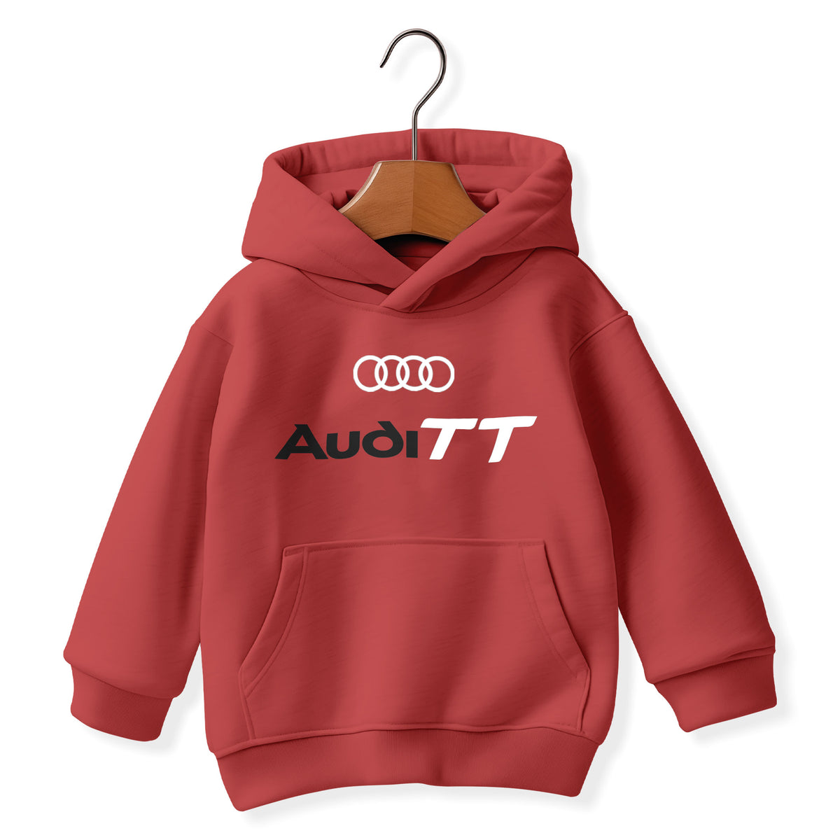 A red hooded sweatshirt with the Audi TT logo on the front, displayed on a brown hanger.