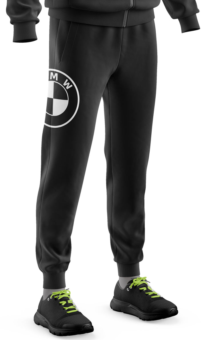 A pair of black BMW logo jogger pants with a visible brand emblem on the left thigh and a pair of sneakers attached to the pants.White LOGO