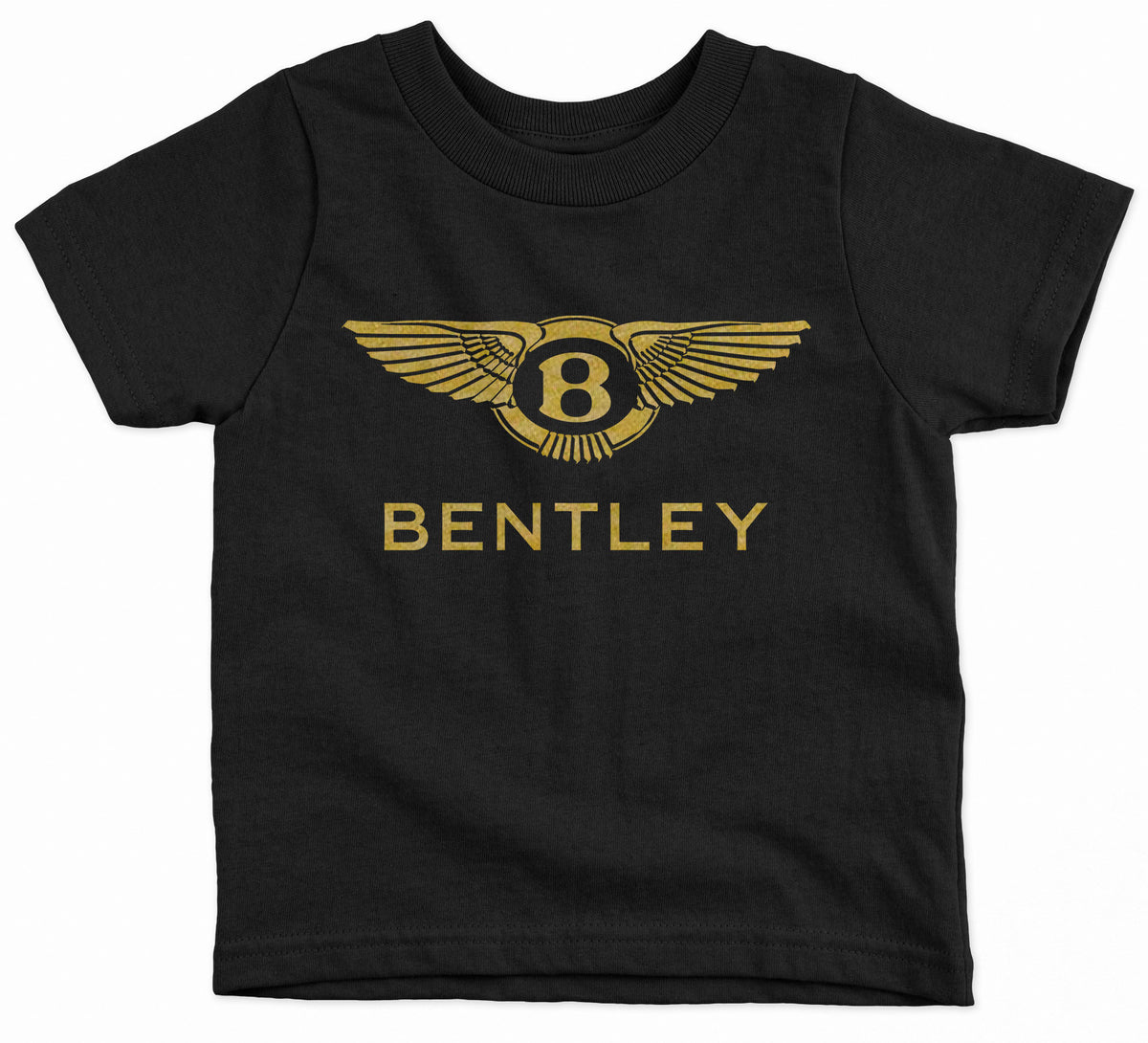 A black short-sleeved Bently kids t-shirt with a golden logo on the front.