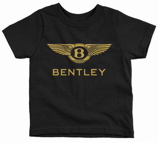 A black short-sleeved Bently kids t-shirt with a golden logo on the front.