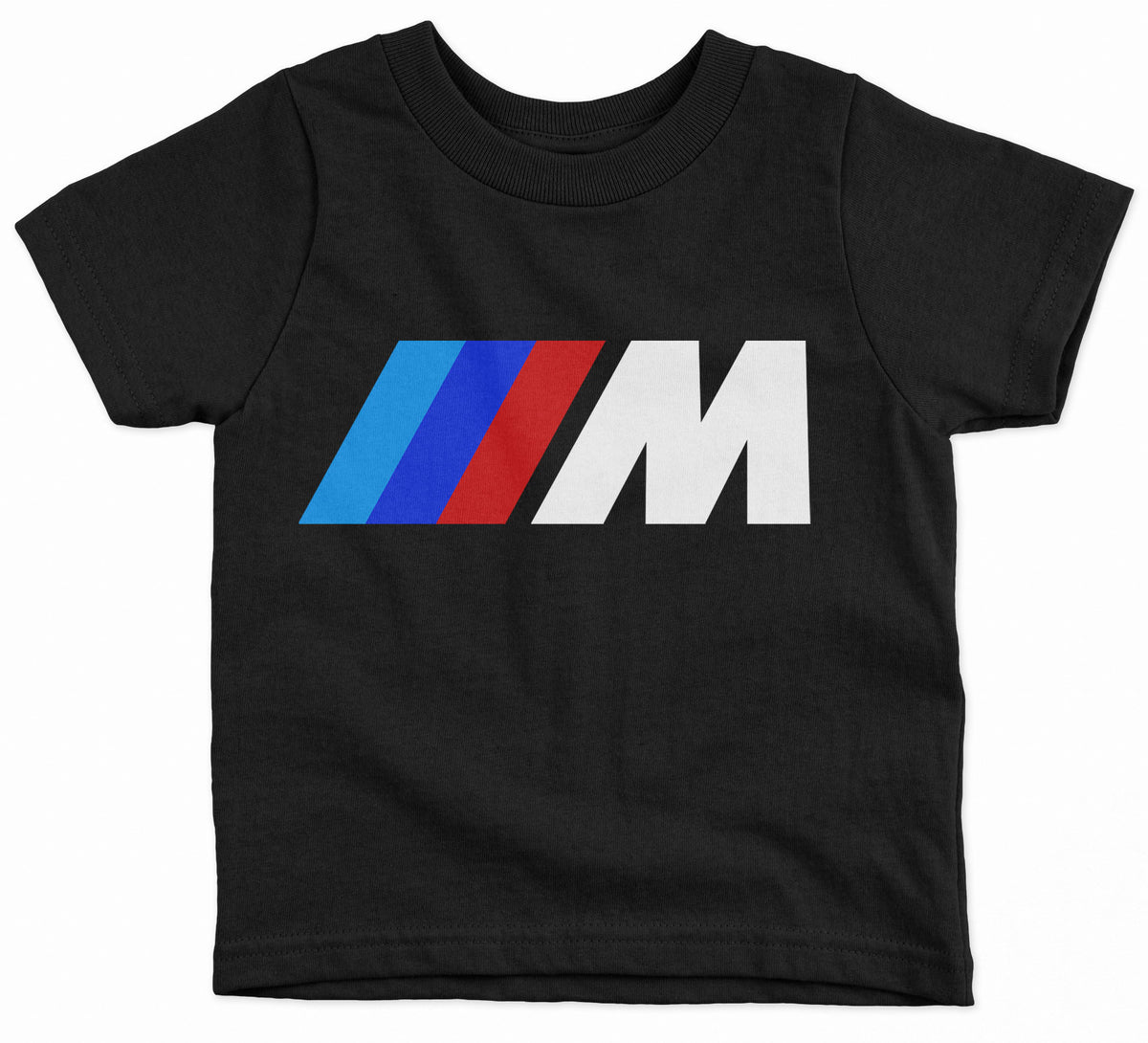 A black short-sleeved kids' t-shirt with the BMW M logo in white and red on the front.