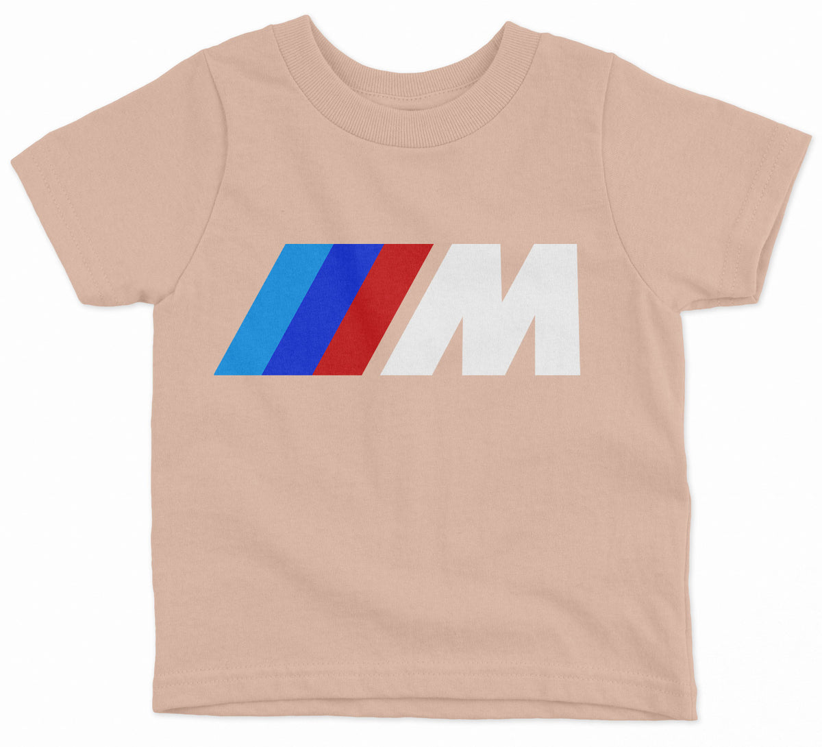 A powder short-sleeved kids' t-shirt with the BMW M logo in white and red on the front.