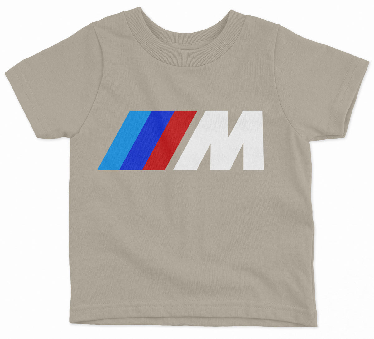 A Stone short-sleeved kids' t-shirt with the BMW M logo in white and red on the front.
