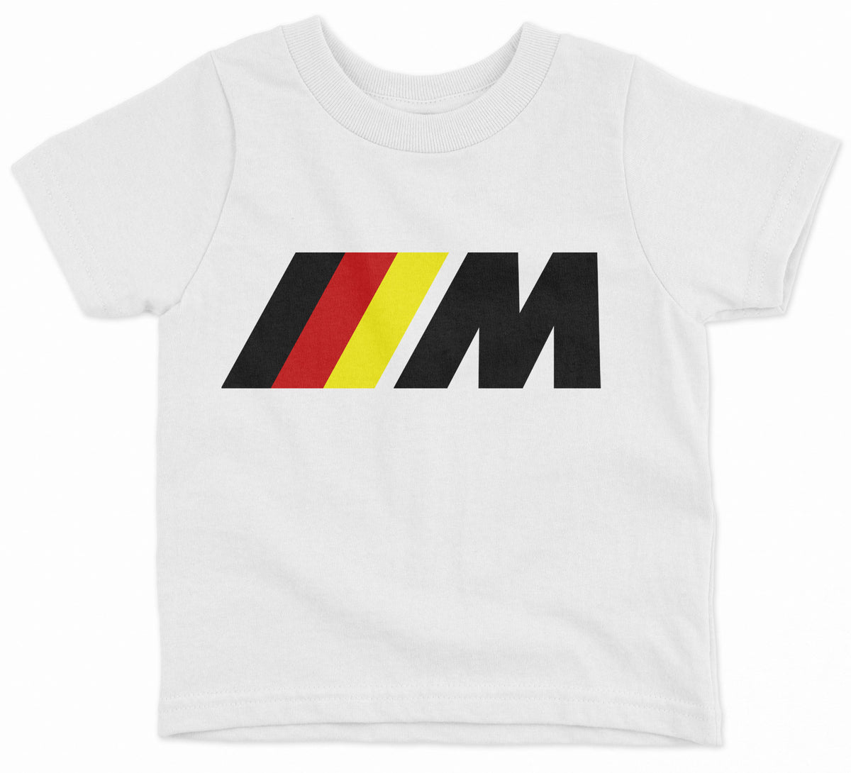 A white short-sleeved kids' t-shirt with the BMW M logo in white and red on the front.