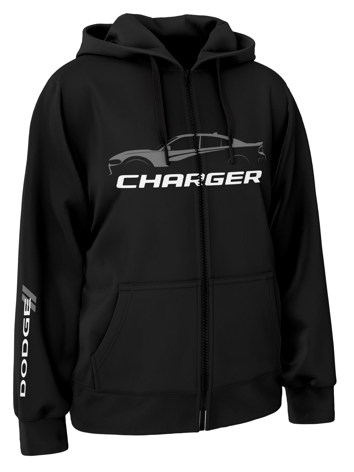 A black hooded sweatshirt with a grey and white 'Dodge Charger' logo and car silhouette on the front.