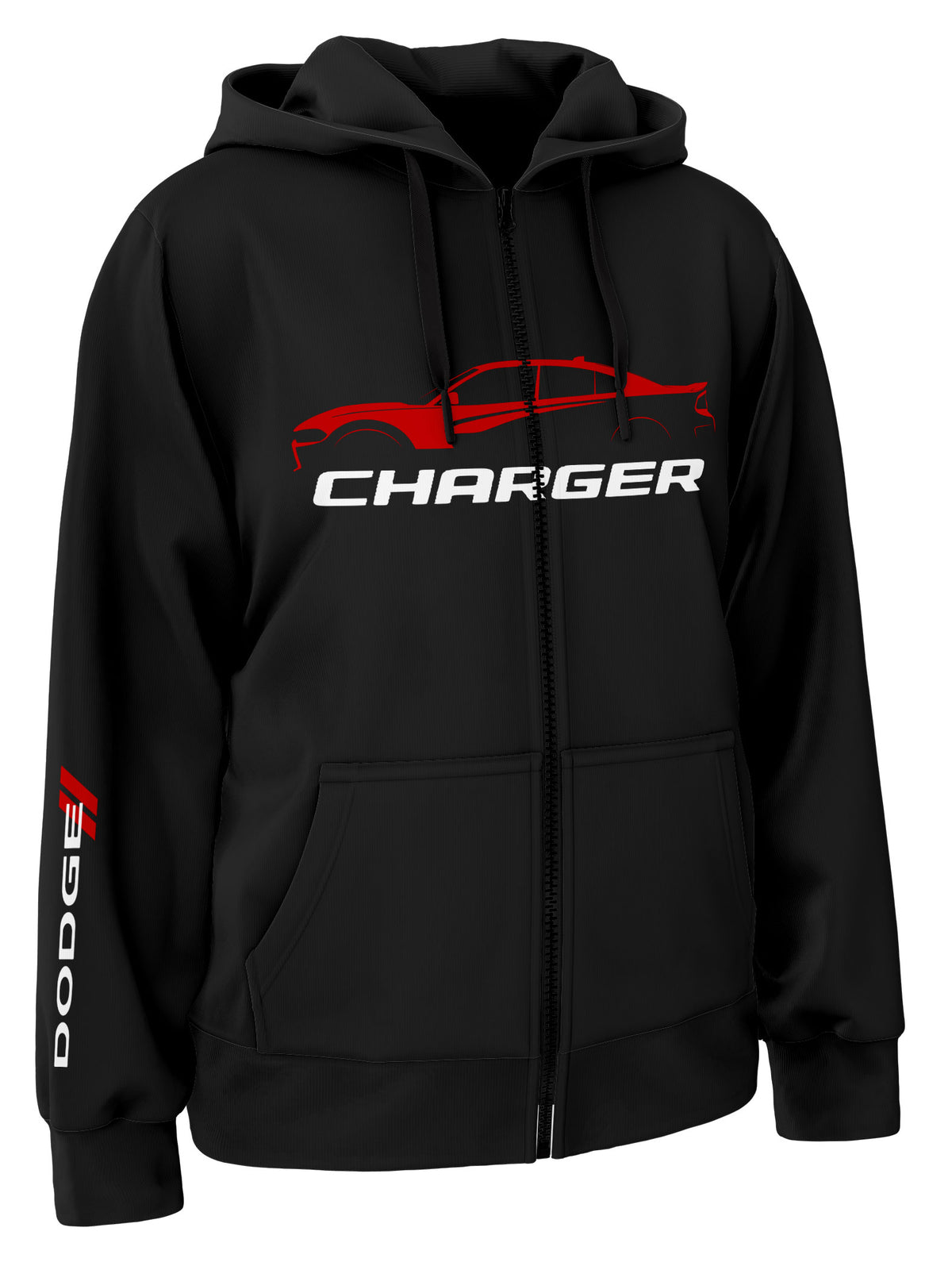 A black hooded sweatshirt with a red and white 'Dodge Charger' logo on the front.