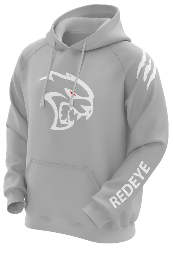 A gray hooded sweatshirt featuring a print of the Dodge Hellcat Redeye logo on the front and text on the sleeve.