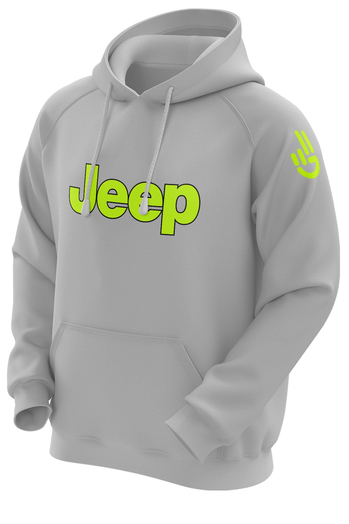 A gray hooded sweatshirt with a yellow Jeep logo on the front and a green wave logo on the shoulder.