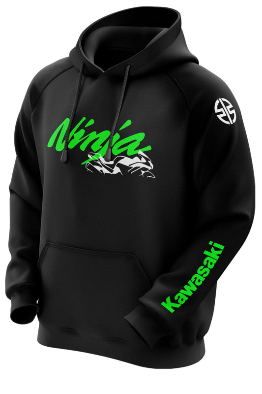 Black hooded sweatshirt with green 'Kawasaki Ninja' text and logo on the front, and additional 'Kawasaki' text on the sleeve.