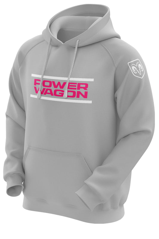 A gray hooded sweatshirt with 'RAM POWER WAGON' printed in pink on the front and a Ram trucks logo on the shoulder.