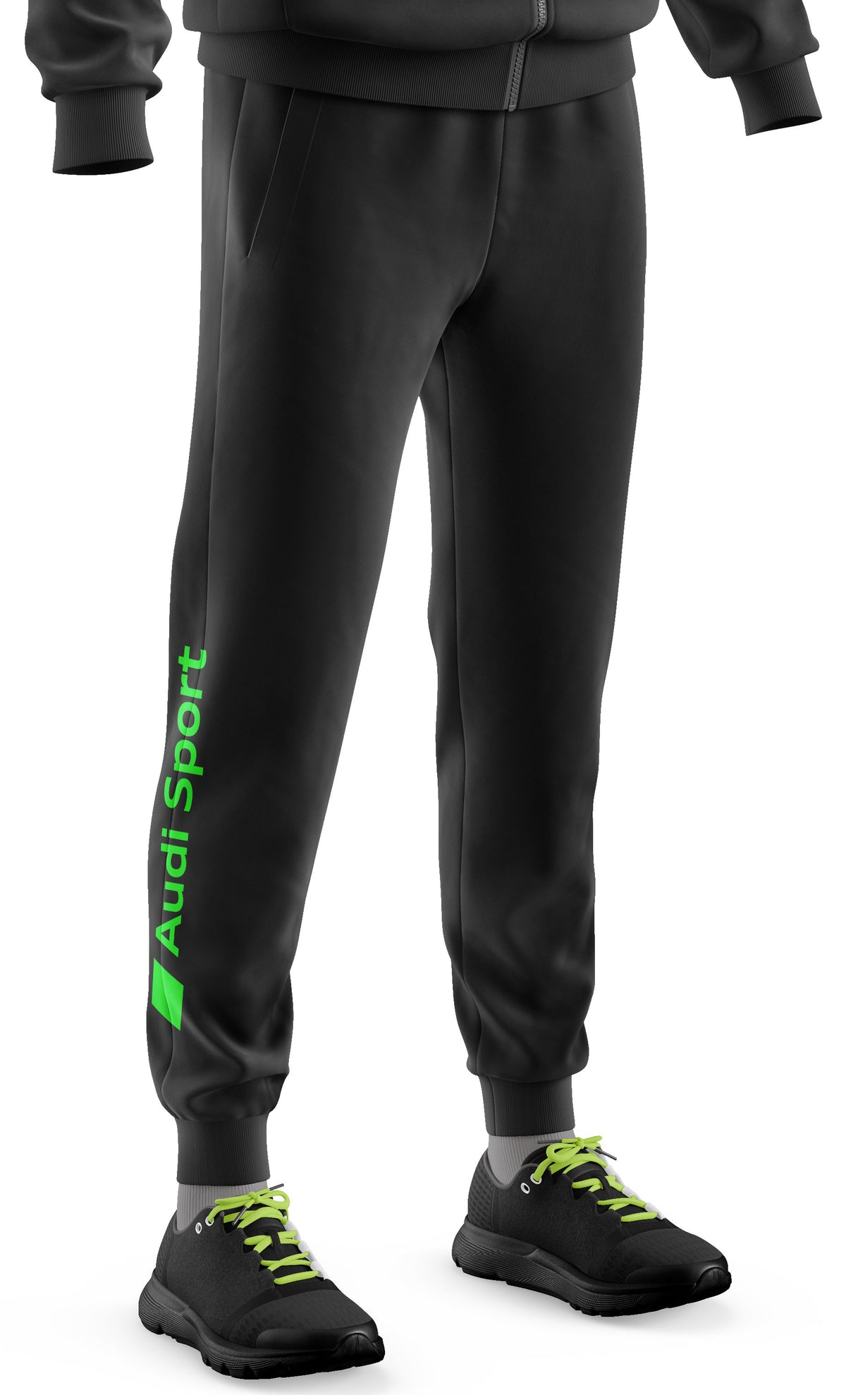 A pair of black Audi Sport jogger pants with green accents and the brand's logos on the leg cuffs.
